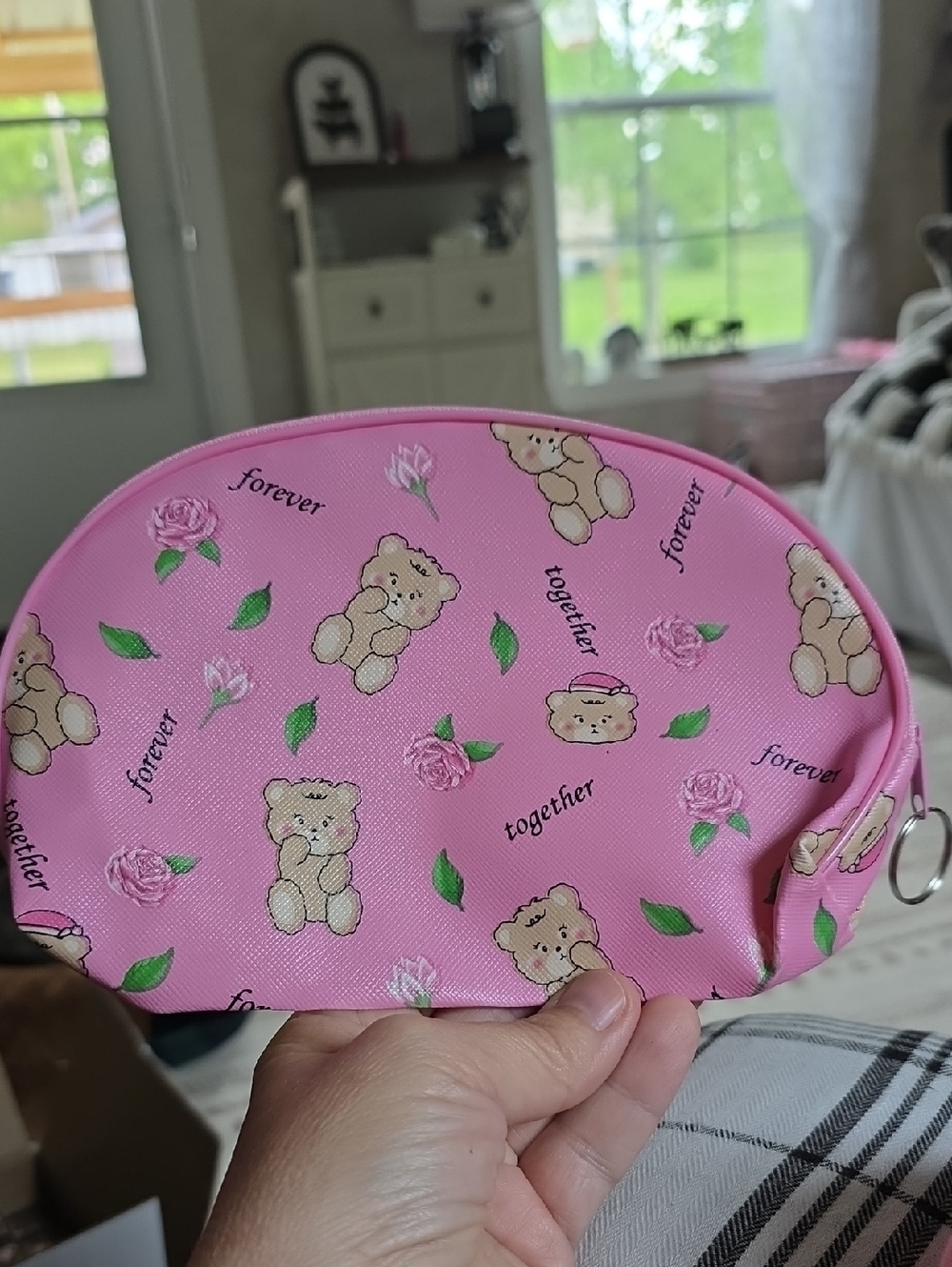 Pink Bear Print Kids Cosmetic Pouch - Cute Floral Design